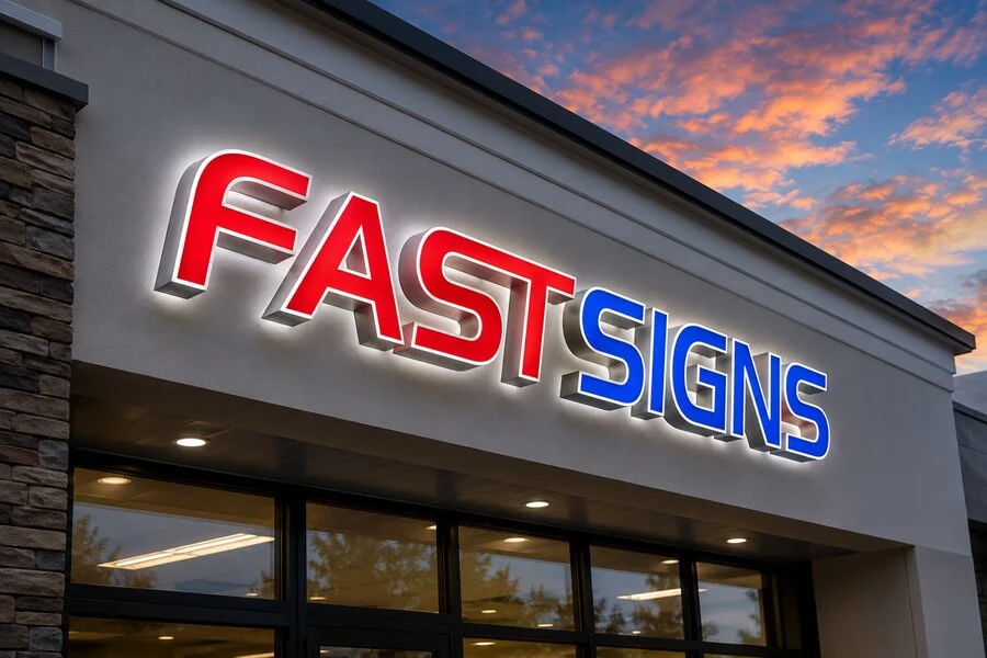 An image of the lit up FASTSIGNS exterior signage.